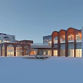 Commercial Street Night View With Red Brick Archways Glass Walkway And Landscaped Square