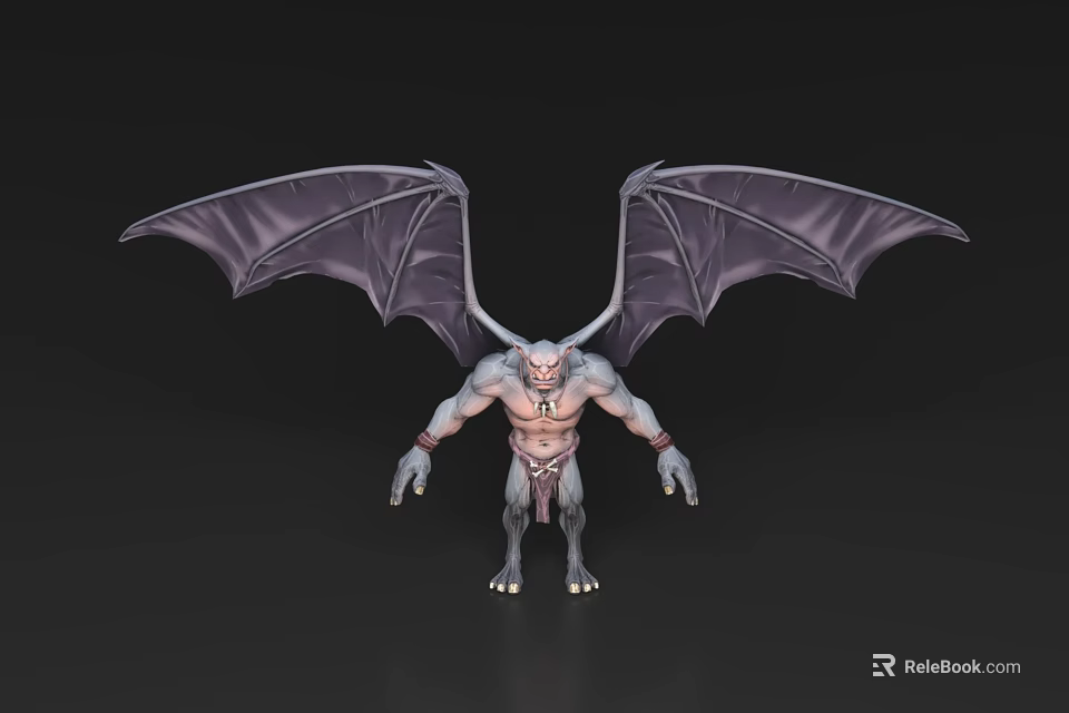 Game And Movie Character With Large Bat Wings Muscular Build And Gray Skin 3d model 