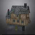 Traditional Medieval Cottage With Timber Frame Stone Base Gray Tiled Roof And Chimney