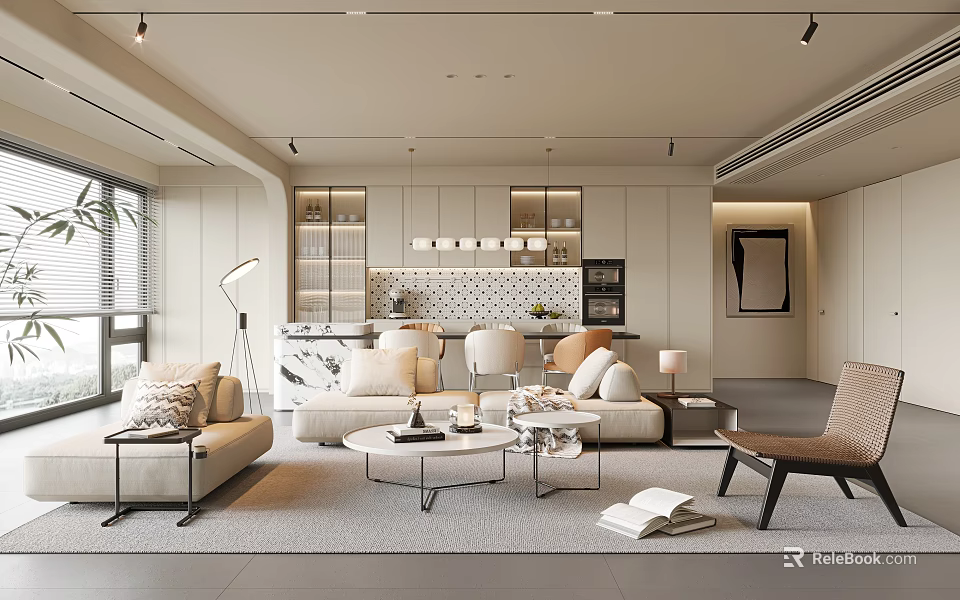 Modern Living Dining Room Interior Design With Open Kitchen Sofa Coffee Table And Lighting 3d model