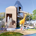 Outdoor Children's Play Area Featuring Giraffe Slide Wooden Structure Green Trees And Kids Playing