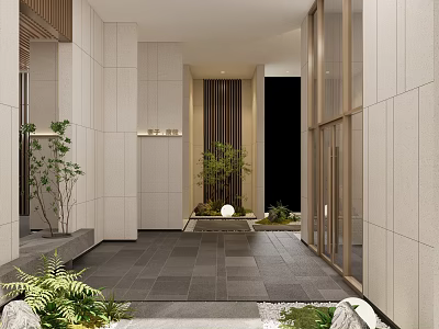 Modern Courtyard Garden Design With Slate Tiles Green Plants And Wooden Decorative Elements 3d model