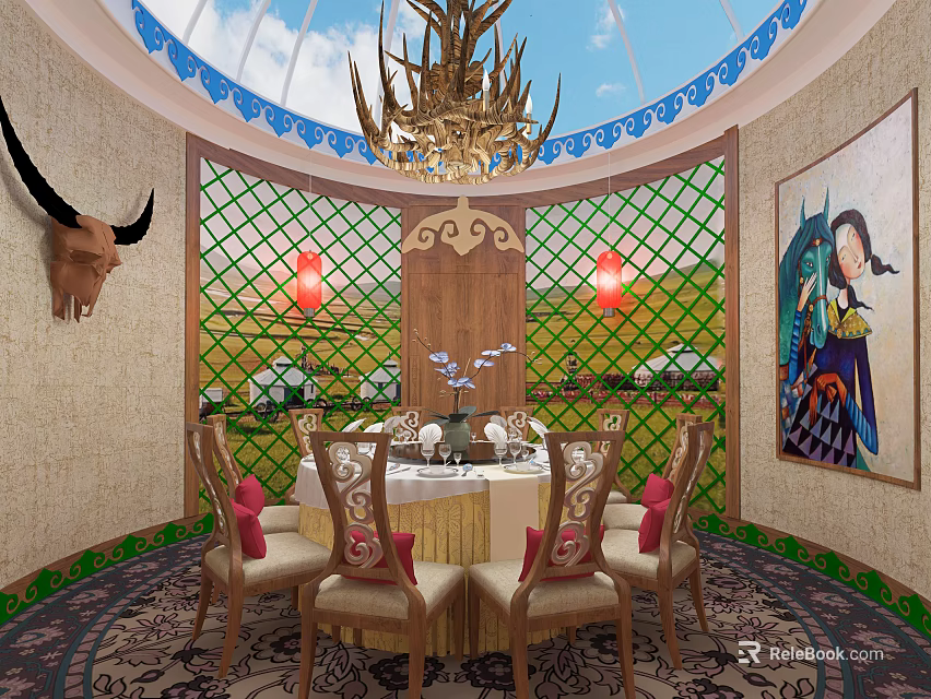 Traditional Private Dining Box Interior With Domed Ceiling Chandelier And Ox Horn Decorations 3d model 