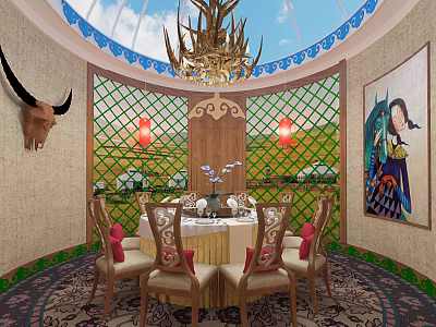 Traditional Private Dining Box Interior With Domed Ceiling Chandelier And Ox Horn Decorations 3d model