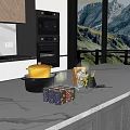 Modern Kitchen Interior With White Countertop Yellow Lid Pot Spice Jars And Knives