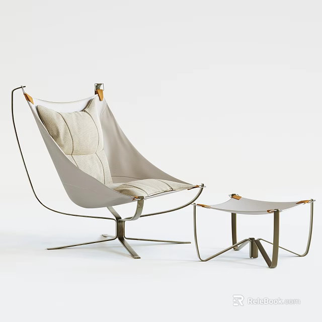 Modern Leisure Chair With Metal Frame Light Colored Cushion And Matching Ottoman 3d model 