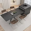 Modern Black Marble Dining Table Set With Four Brown Chairs And Black Cabinet With Sink
