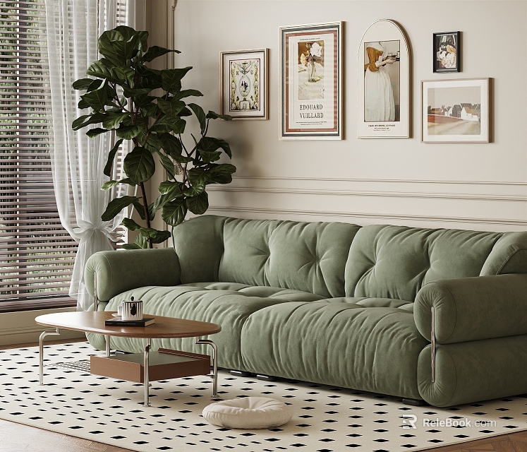 Cozy Living Room Interior With Plush Green Sofa Large Plant Wooden Coffee Table And Framed Artworks 3d model 