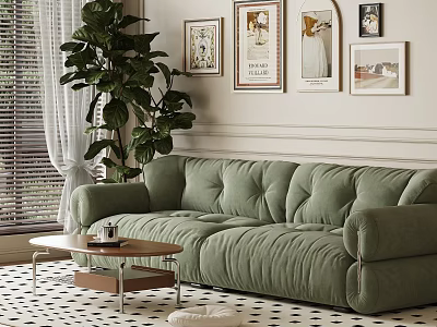 Cozy Living Room Interior With Plush Green Sofa Large Plant Wooden Coffee Table And Framed Artworks 3d model