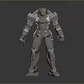 Standing Humanoid Mech Robot With Silver Red Metallic Armor And Helmet Design