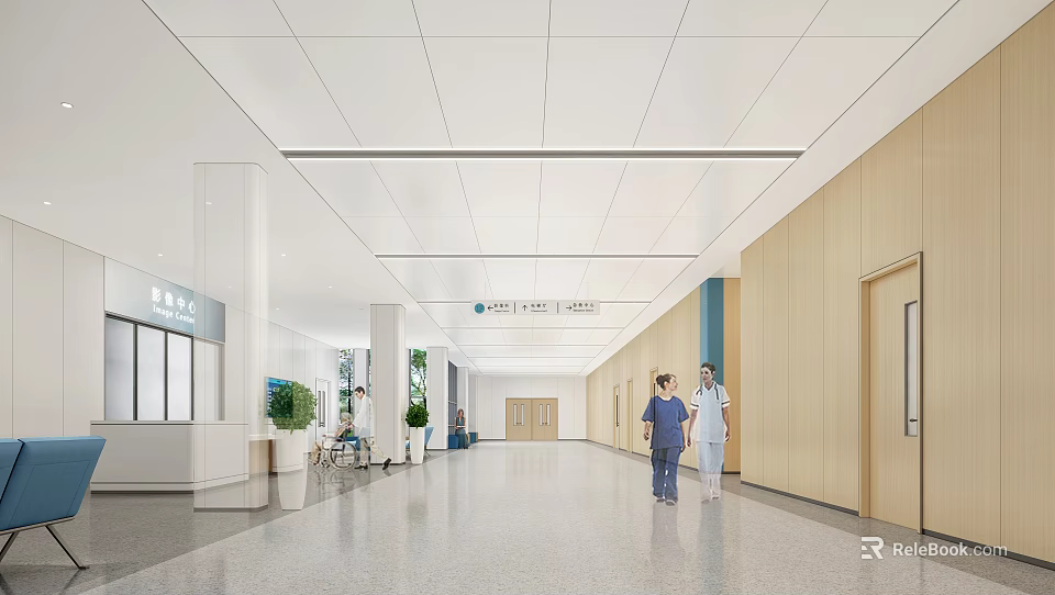 Bright Modern Hospital Outpatient Clinic Interior With Spacious Corridor And Medical Staff 3d model 