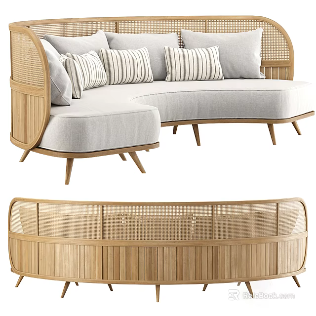 Modern L Shaped Sectional Sofa With Rattan Frame Light Gray Fabric And Striped Cushions 3d model 