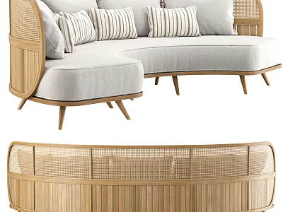 Modern L Shaped Sectional Sofa With Rattan Frame Light Gray Fabric And Striped Cushions 3d model