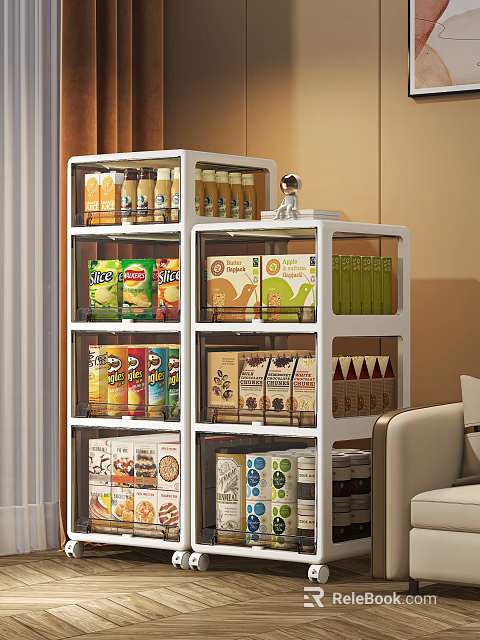 White Modern Multi Tiered Storage Cabinet Shelf With Transparent Doors For Snacks Beverages Food Items 3d model 