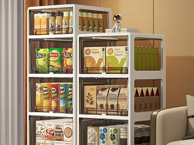 White Modern Multi Tiered Storage Cabinet Shelf With Transparent Doors For Snacks Beverages Food Items 3d model