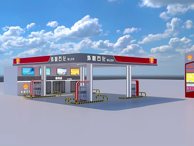 Modern Gas Station Exterior With Red Canopy Fuel Pumps And Convenience Store 3d model