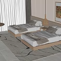 Bright Bedroom Featuring Two Single Beds Curtains Rug Bedside Tables And Pendant Lights