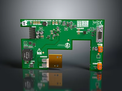 Detailed Green Computer Circuit Board Design With Electronic Components Ports And CE Mark 3d model