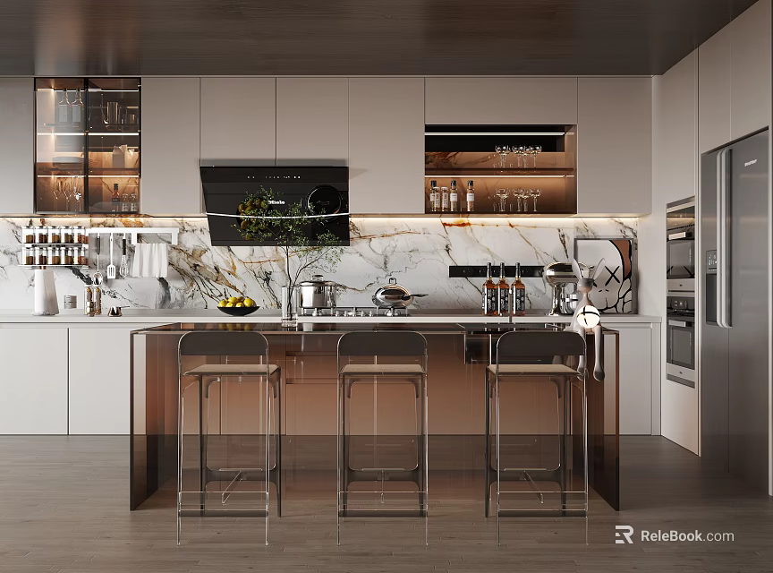 Modern Kitchen Interior With Marble Island Countertop Cabinets And Bar Stools 3d model 