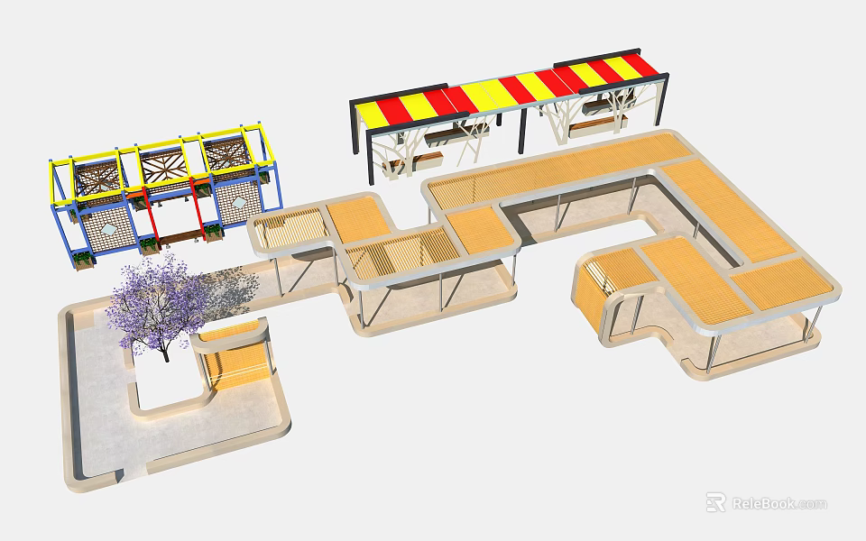 Outdoor Pergola Combination Structure Design With Colorful Canopy And Wooden Seating Areas 3d model 