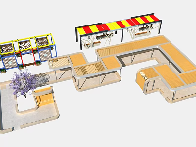 Outdoor Pergola Combination Structure Design With Colorful Canopy And Wooden Seating Areas 3d model