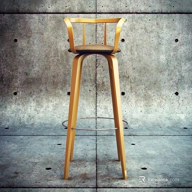 Modern Wooden Bar Stool With Slat Back Design And Metal Footrest Against Concrete Wall 3d model 