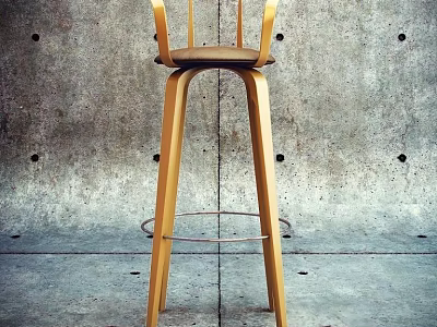 Modern Wooden Bar Stool With Slat Back Design And Metal Footrest Against Concrete Wall 3d model