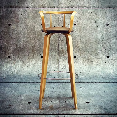 Modern Wooden Bar Stool With Slat Back Design And Metal Footrest Against Concrete Wall 3d model