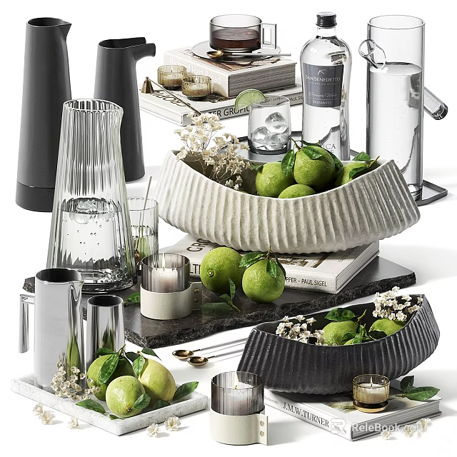 Elegant Decorative Ornament Set With Ceramic Bowls Fresh Limes Candles And Vases 3d model 