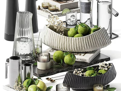 Elegant Decorative Ornament Set With Ceramic Bowls Fresh Limes Candles And Vases 3d model