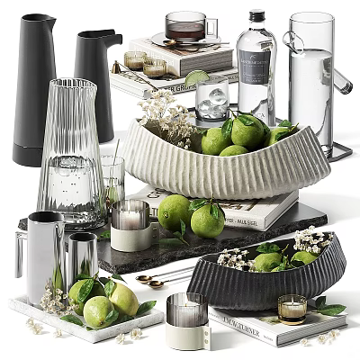 Elegant Decorative Ornament Set With Ceramic Bowls Fresh Limes Candles And Vases 3d model
