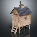 Wooden House Elevated On Stilts With Black Tiled Roof Bell Tower Cross Door And Window