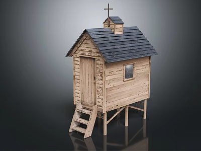 Wooden House Elevated On Stilts With Black Tiled Roof Bell Tower Cross Door And Window 3d model
