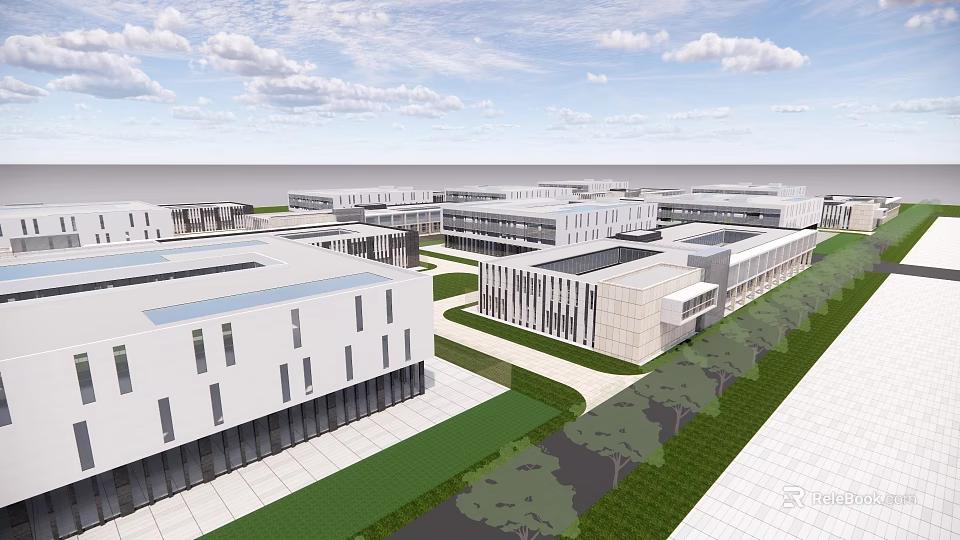 Modern Industrial Factory Complex With Multiple Buildings Green Spaces And Road Layout 3d model 