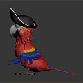Red Parrot Wearing Pirate Hat With Skull Design And Blue Claws Standing On Reflective Surface