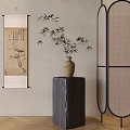 Traditional Chinese Vase with Bamboo on Dark Wooden Stand and Scroll Painting