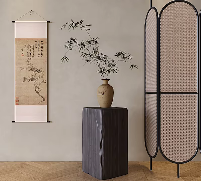 Traditional Chinese Vase with Bamboo on Dark Wooden Stand and Scroll Painting 3d model