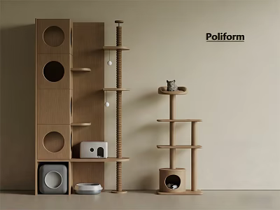 Indoor Modern Wooden Cat Tree With Multi Level Platforms And Circular Holes 3d model