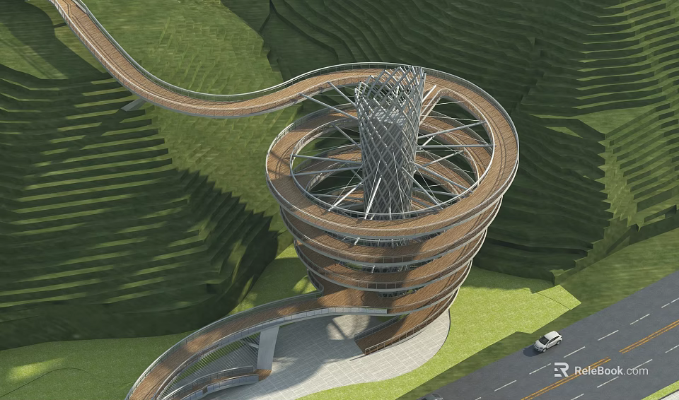 Modern Spiral Tower In Mountainous Green Landscape With Winding Path And Lush Vegetation 3d model 