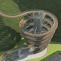 Modern Spiral Tower In Mountainous Green Landscape With Winding Path And Lush Vegetation