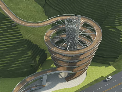 Modern Spiral Tower In Mountainous Green Landscape With Winding Path And Lush Vegetation 3d model