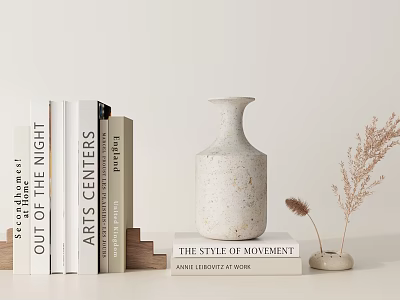Minimalist Modern Decorative Ornament Set with Stacked Books Textured Vase and Dried Pampas Grass 3d model