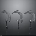 Three Silver Scythe Weapons with Intricate Patterned Handles and Shiny Finish