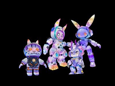 Colorful Robot Like Landscape Sculptures With Animal Ears And Vibrant Hues 3d model
