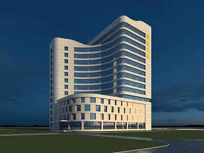 Modern Office Building At Night With Glass Curtain Wall And Lawn 3d model