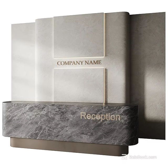 Elegant Reception Background Wall Design With Company Name And Marble Reception Counter 3d model 