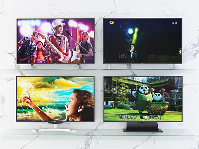 Televisions Showing Concert Stage Nature And Animation Scenes On Marble Shelf 3d model