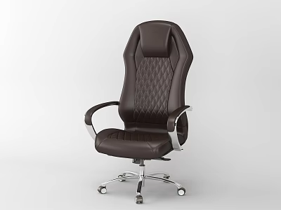 Dark Brown Leather Office Chair with High Back Quilted Pattern and Metal Armrests on Wheels 3d model