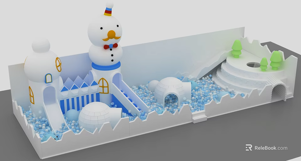 Snow Themed Children's Playground With Snowman Figure Slides Blue Ball Pit And Green Tree 3d model 