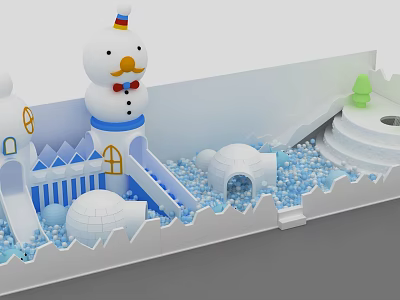 Snow Themed Children's Playground With Snowman Figure Slides Blue Ball Pit And Green Tree 3d model